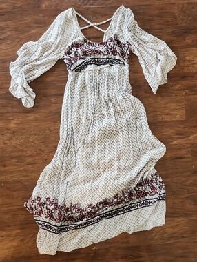 Ivory Boho Maxi Dress with Burgundy Floral Border